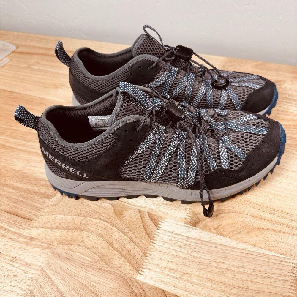 Merrill Wildwood Aerosport Men’s 9 Hiking Trail Shoes Rock Gray Blue Bungee Lace